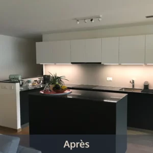 Transformation et réaménagement d’une cuisine à Gland, avec accompagnement en conseils et suivi de travaux par Living Edit. Aperçu après rénovation.